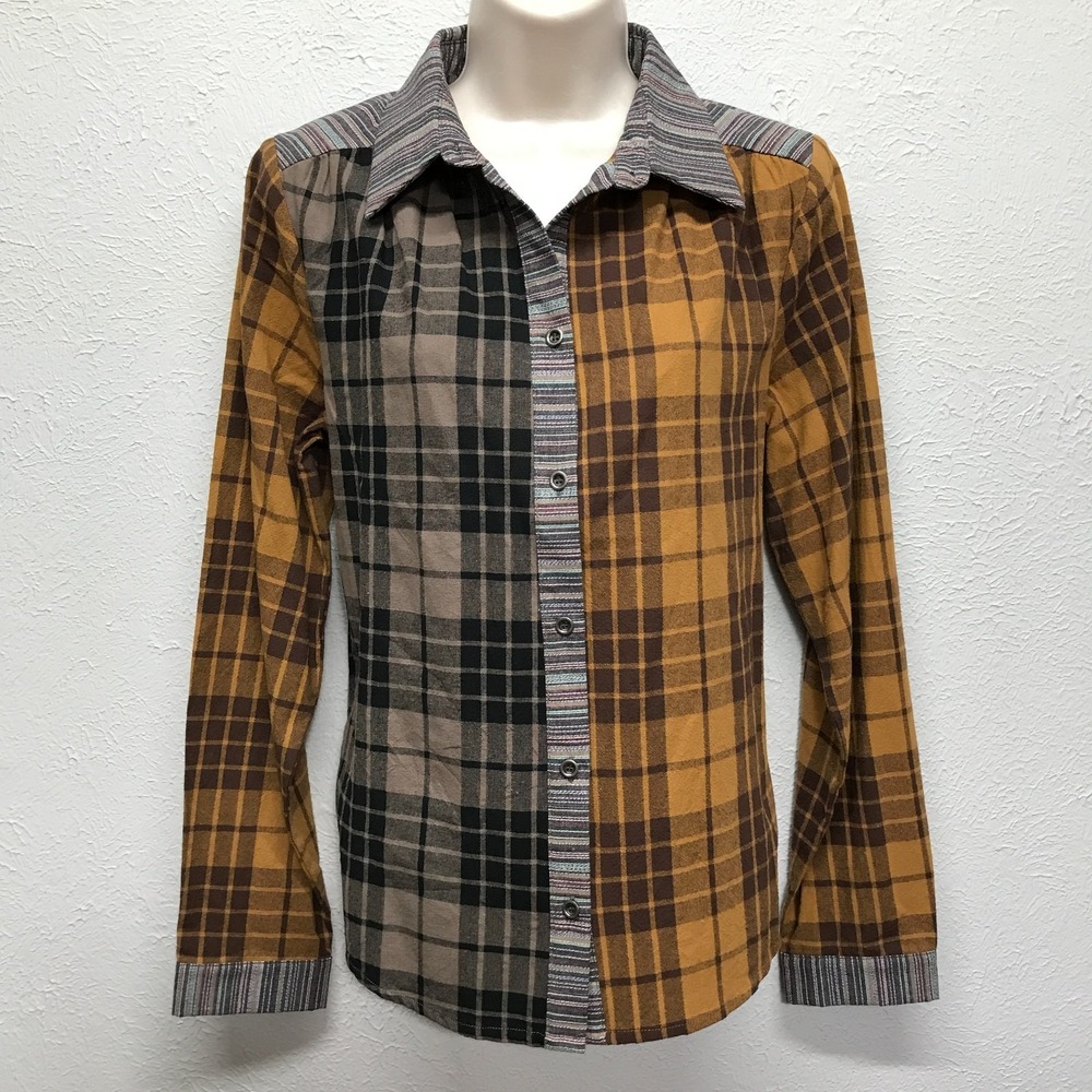 NWT Savanna Jane Button Shirt Womens S Brown Plaid Long Sleeve Cotton Amity Top